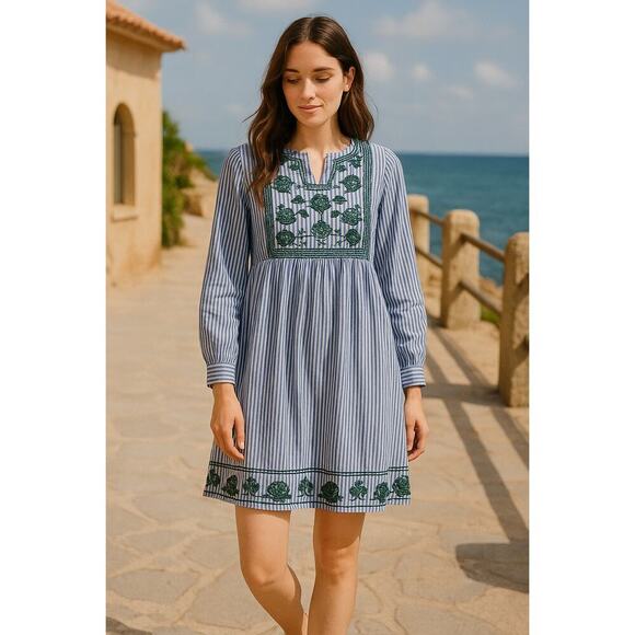 Lili's Closet Anthropologie Blue White Stripe Embroidered Cotton Dress - Small - Picture 1 of 11